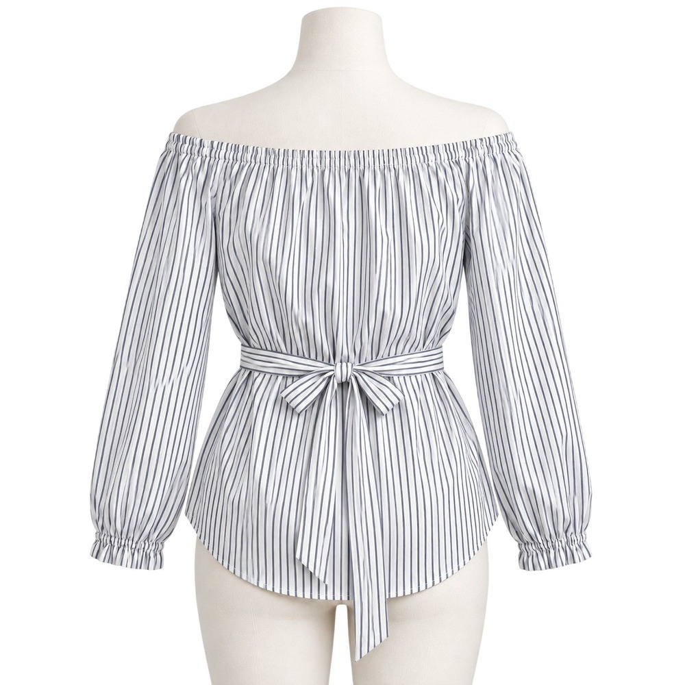 Rag & Bone Blouse Womens M White Navy Stripe Off Shoulder Belted Top